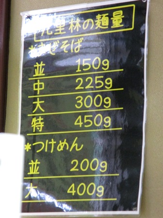 仙台　九里林　麺量の掲示